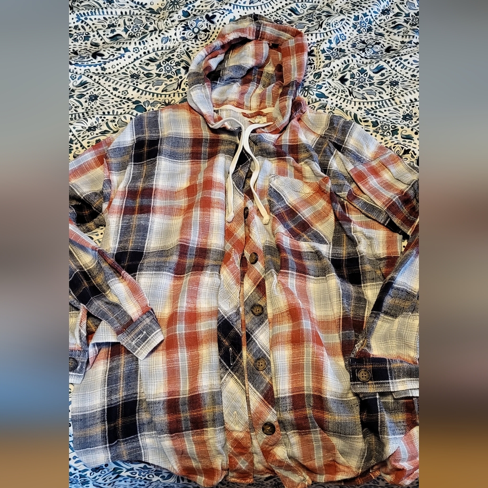 Womens button up plaid hooded top